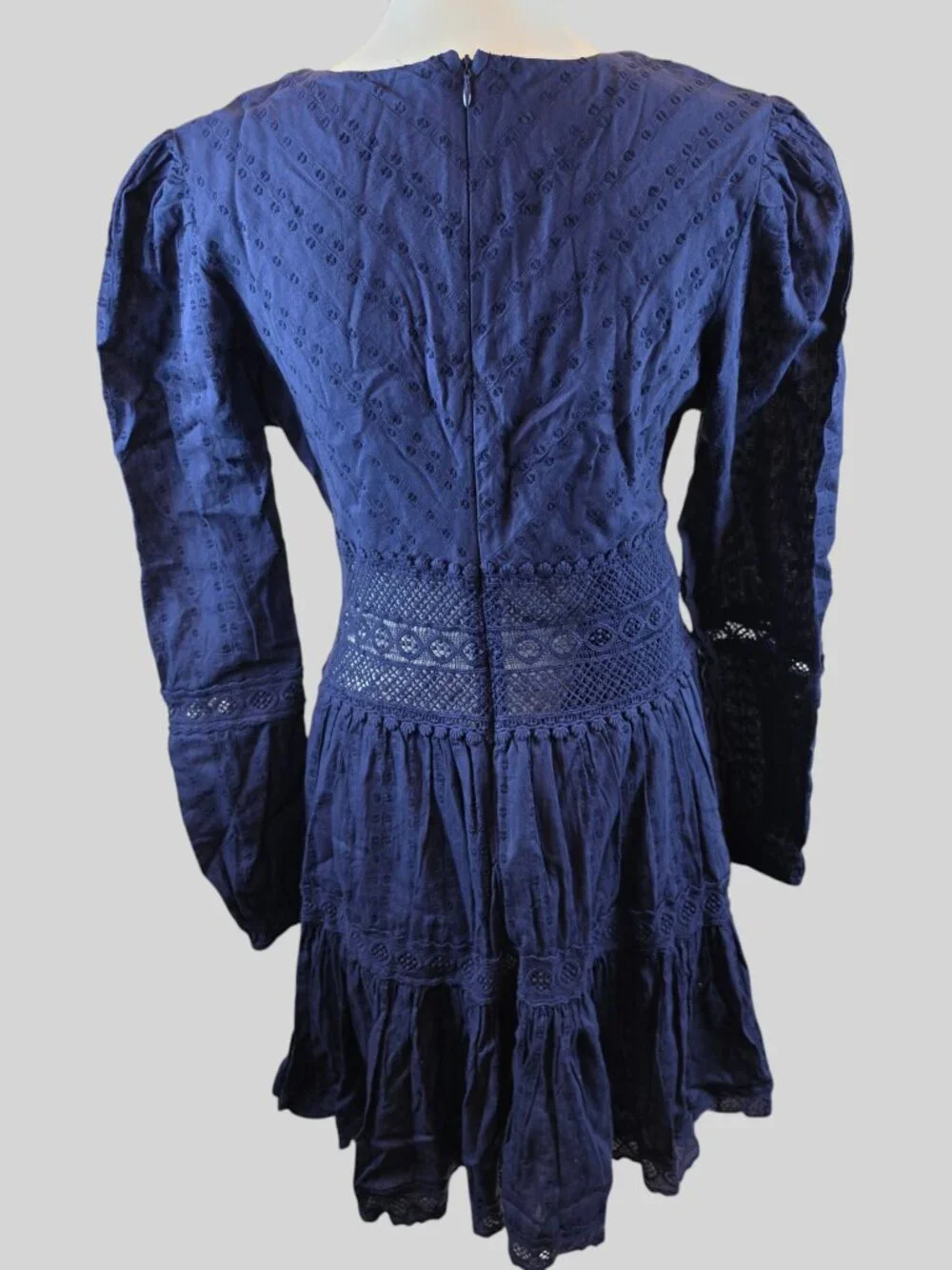 Free People Blue Long Sleeve Mini Dress | Boho Swiss Dot Lace Cutout Dress Size